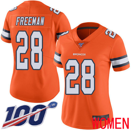 Women Denver Broncos 28 Royce Freeman Limited Orange Rush Vapor Untouchable 100th Season Football NFL Jersey